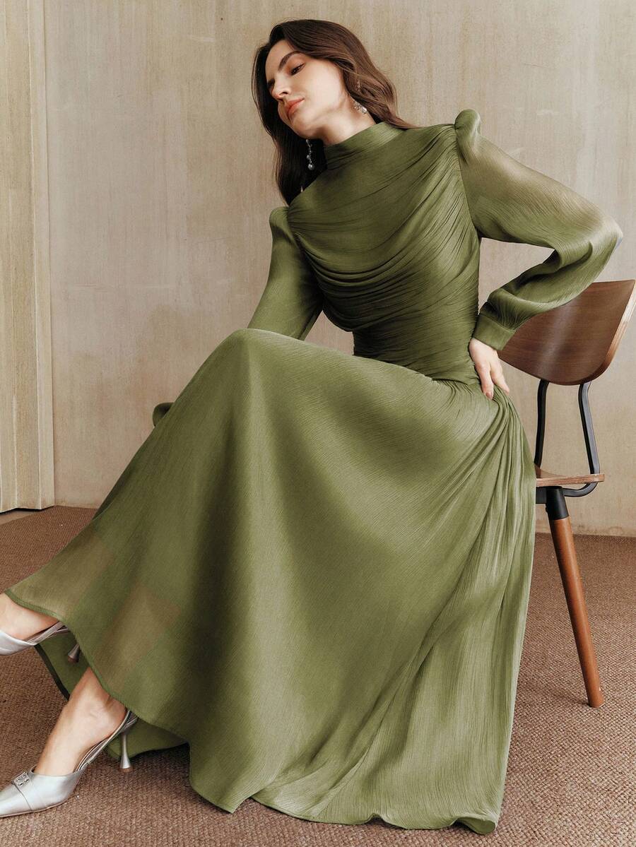 Anewsta New Elegant Ruched Collar Long Sleeve Dress For Women, Suitable For Fall, Winter, Spring, New Year, Party, Wedding, Elegant, Chic, Stylish, Christmas, Going Out - Army Green - View 1