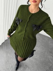 Elenzga Đầm không tay thanh lịch dành cho nữ kèm áo khoác cardigan dài tay, bộ đồ dệt kim dáng rộng cỡ lớn, áo khoác ngoài, trang phục mùa đông - xanh quân đội - Xem 3