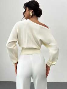 Firerie Women's Elegant Sequin Embellished Oblique Shoulder Fashionable Versatile Vacation Long Sleeve Sweater/Christmas For Women/Solid Color Asymmetrical Off-Shoulder Sweater Top/New Year's Eve/Party Top/Asymmetrical Off-Shoulder Top With A Fitted Waist/Winter For Women - Apricot - View 4