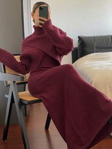 Livesso Women's Turtleneck Sweater Dress With Casual Mini Skirt, Suitable For Christmas Party Dress - Red - View 5