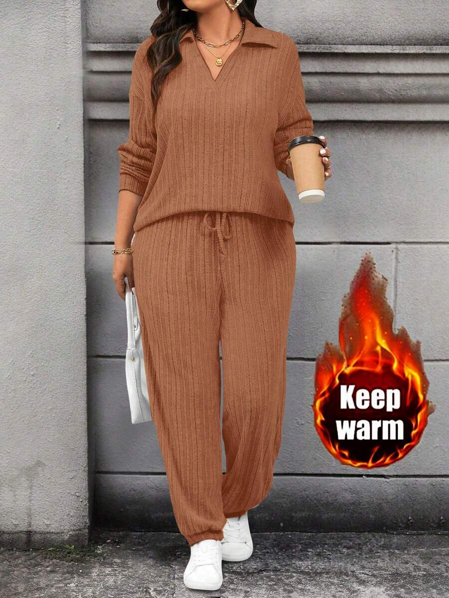 Calvaya Conjunto informal de 2 piezas de camiseta de manga larga con hombros caídos y pantalones de unicolor para mujer de talla grande - Mostaza Amarilla - Ver 1