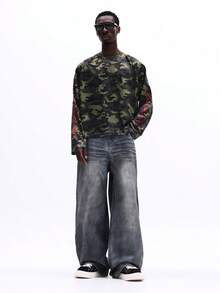 SUMWON Camouflage Long Sleeve T-Shirt With Red Script Print Regular Fit Crew Neck Streetwear Urban Style Casual Top - Multicolor - View 6