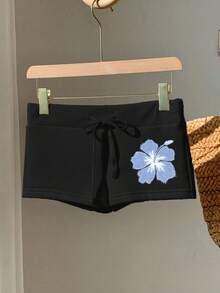 SHEIN EZwear 休闲碎花图案黑色抽绳腰修身短裤 - 黑色 - 查看 5