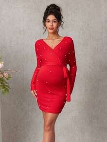 Momance Maternity Dress With Long Sleeves, V-Neck, Crossover Waistband, Pearl Embellished - Red - View 4