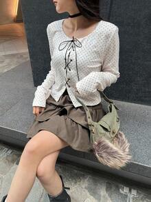 FRIFUL 女士圆领波点修身前襟交叉系带休闲T恤，白色波点上衣 - 白色 - 查看 4