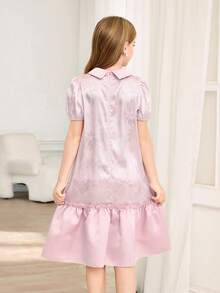 SHEIN 少女优雅奢华公主风泡泡袖中长A字连衣裙，提花奢华光泽质感面料，欧根纱拼接下摆，公主风装饰，尽显奢华质感 - 金色 - 查看 2