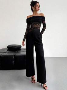 Firerie Women's Elegant Sexy Minimalist Fashion Women Fatale Charm Valentine's Day New Year Party Date Off-Shoulder Textured Mesh Sheer Ruched Low Waist Bodycon Black Long Sleeve Jumpsuit - Black - View 3