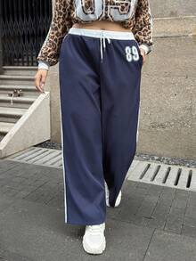 SHEIN EZwear 大码直筒休闲运动裤，纯色、条纹拼接、数字印花，秋冬款 - 藍色 - 查看 1