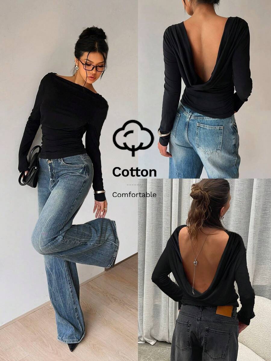 Siren Gaze 深 V 背长袖上衣 - 黑色 - 查看 1