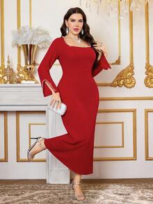 Reflora 大码方领百搭显瘦珍珠点缀红色长袖连衣裙 - 紅色 - 查看 3