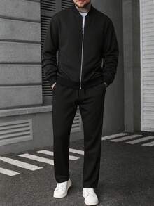 Manfinity CasualCool 男士纯色简约长袖外套和裤子套装，男士休闲西装，男士黑色正装裤，男士黑色西装套装，男士黑白搭配，复古风格，男士慢跑套装，适合日常休闲、周末旅行、户外活动、探险旅行、轻松的工作环境或半正式场合，可作为男友/丈夫礼物、周年纪念礼物、圣诞节服装、秋季服装。 - 黑色 - 查看 3