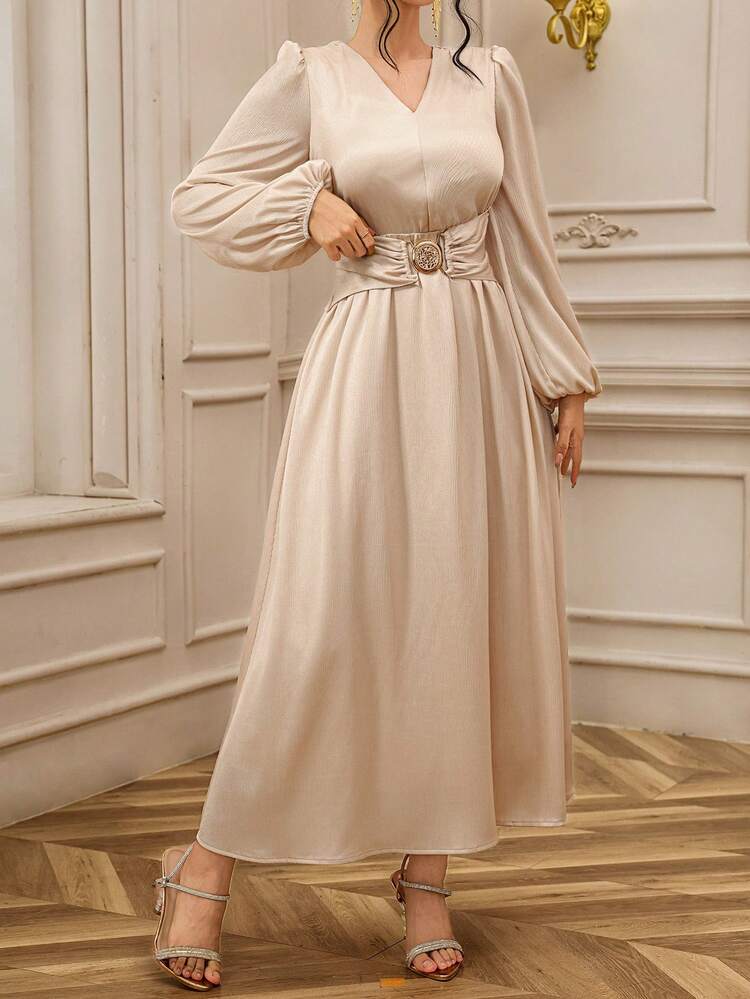 Solid Color Fitted Waist V-Neck Long Sleeve Elegant Dress For Women, Spring/Autumn