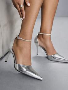 CUCCOO SZL Tacones altos de punta con tira de tobillo con strass para mujer, ideales para fiestas - Plateado - Ver 7