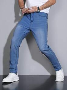 Manfinity Homme Jeans vaqueros clásicos de corte slim y color azul oscuro, versátiles y casuales, para hombres de talla grande - Celeste - Ver 6