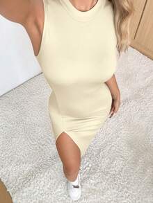 SHEIN EZwear 女士纯色圆领侧开衩下摆休闲无袖连衣裙 - 杏色 - 查看 4