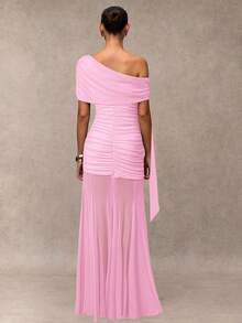 SHEIN BAE Women's Solid Color Off-Shoulder Ruched Tie Design Mesh Patchwork Elegant Cinched Waist Dress For Party - Baby Pink - View 2