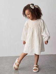 Maija Kids 女童编织拼接刺绣圆领宽松休闲长袖连衣裙 - 杏色 - 查看 4
