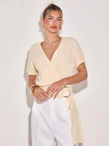 COSMINA Women's Cream Color Batwing Short Sleeve Wrap Casual Loose Knit Top - Light Yellow - View 6