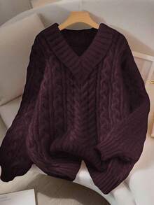 GlowEve CURVE 女士优雅纯色麻花针织宽松长袖加大码毛衣，适合外穿，秋冬季紫色毛衣，女士V领毛衣 - 酒紅色 - 查看 1