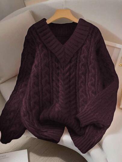 GlowEve CURVE 女士优雅纯色麻花针织宽松长袖加大码毛衣，适合外穿，秋冬季