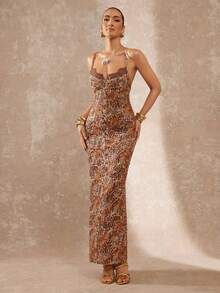 Lumalex Đầm slip ren cổ xếp ly phối màu tương phản họa tiết da báo, nhuộm tie-dye. - Nhiều màu - Xem 3