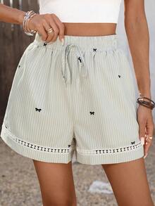 SHEIN LUNE Women's Striped Bow Print Faux Drawstring Pocket Ruffle Trim Casual Shorts, Spring/Summer - Khaki - View 3