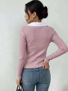 Blusa mujer manga larga acanalada cuello tipo camisa escote en V diseño elegante ajustado textura suave ideal oficina casual outfits modernos - Rosa - Ver 2