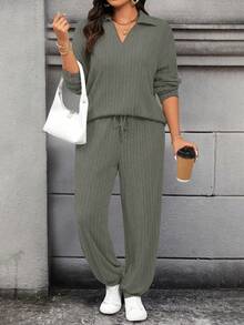 Calvaya Bộ 2 món áo thun dài tay trơn màu trễ vai cỡ lớn dành cho nữ - xanh quân đội - Xem 3