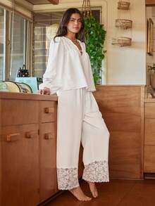 Lullawish Bộ đồ ngủ ren chắp vá phong cách Bohemian rộng rãi, tay dài thanh lịch và quần dài cho nữ - trắng - Xem 4