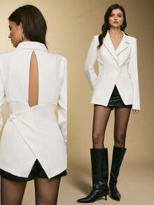 Poéselle Women's WhiteLapel NeckLong Sleeve Backless Design Casual Blazer,Women's Winter Jacket ,White Top,White Outfit For New Year's Eve,Elegant Women,Party Top ,Casual Outfit For Women,New Year Outfit ,Suitable For Daily Wear, Party,Going Out, Commuting,Fall/Winter