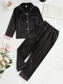 Tween Girls Pajamas-2 Pieces Pajama Set Black Satin Look Piped Pink Trim Long Sleeve Notched Collar Button Front Chest Pocket Long Pants Sleepwear Loungewear Lightweight All Season Holiday 2026 Essential Elegant Classic Chic - Black - View 4