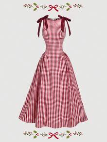 SHEIN MOD 红色格子无袖连衣裙，饰有蝴蝶结，裙摆呈喇叭形，适合圣诞节和新年穿着。 - 紅白色 - 查看 1