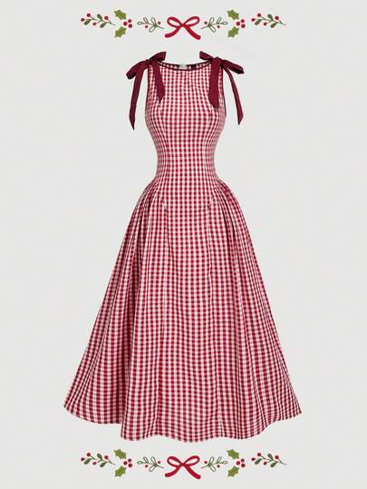 SHEIN MOD 红色格子无袖连衣裙，饰有蝴蝶结，裙摆呈喇叭形，适合圣诞节和新年穿着。