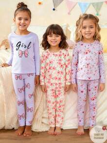 6pcs Snug Fit Long Sleeve Top And Pants Pajama Set, Comfortable Casual Loungewear For Young Girls