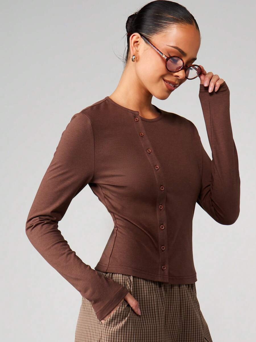 MISSGUIDED Áo dài tay cổ tròn dáng ôm, cài cúc bất đối xứng, màu nâu cổ điển, thời trang thu đông. - Cà phê nâu - Xem 1