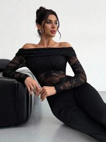 Firerie Women's Elegant Sexy Minimalist Fashion Women Fatale Charm Valentine's Day New Year Party Date Off-Shoulder Textured Mesh Sheer Ruched Low Waist Bodycon Black Long Sleeve Jumpsuit - Black - View 7