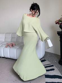 DAZY Bộ 2 món váy không tay trơn màu thanh lịch và áo len tay bồng cho nữ, Thu/Đông - màu xanh lá - Xem 3