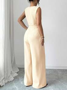 SHEIN Raffinéa French Elegant Holiday Jumpsuit, Sheer Sequin Patchwork, Back Zipper Closure; Waist Fabric Belt, Puff Sleeve Ruched Design, Wide Leg Pants - Apricot - View 2