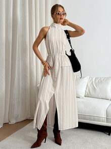 Siren Gaze Siren Gzae Women's Striped Split Hem Halter Long Dress,Elegant Light Beige Summer Chic Everyday Casual Outfits,Classy Terno Co Ord Outfit For Women - Apricot - View 5