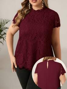 Reflora Plus Size Elegant Lace Patchwork Chiffon Top - Burgundy - View 8