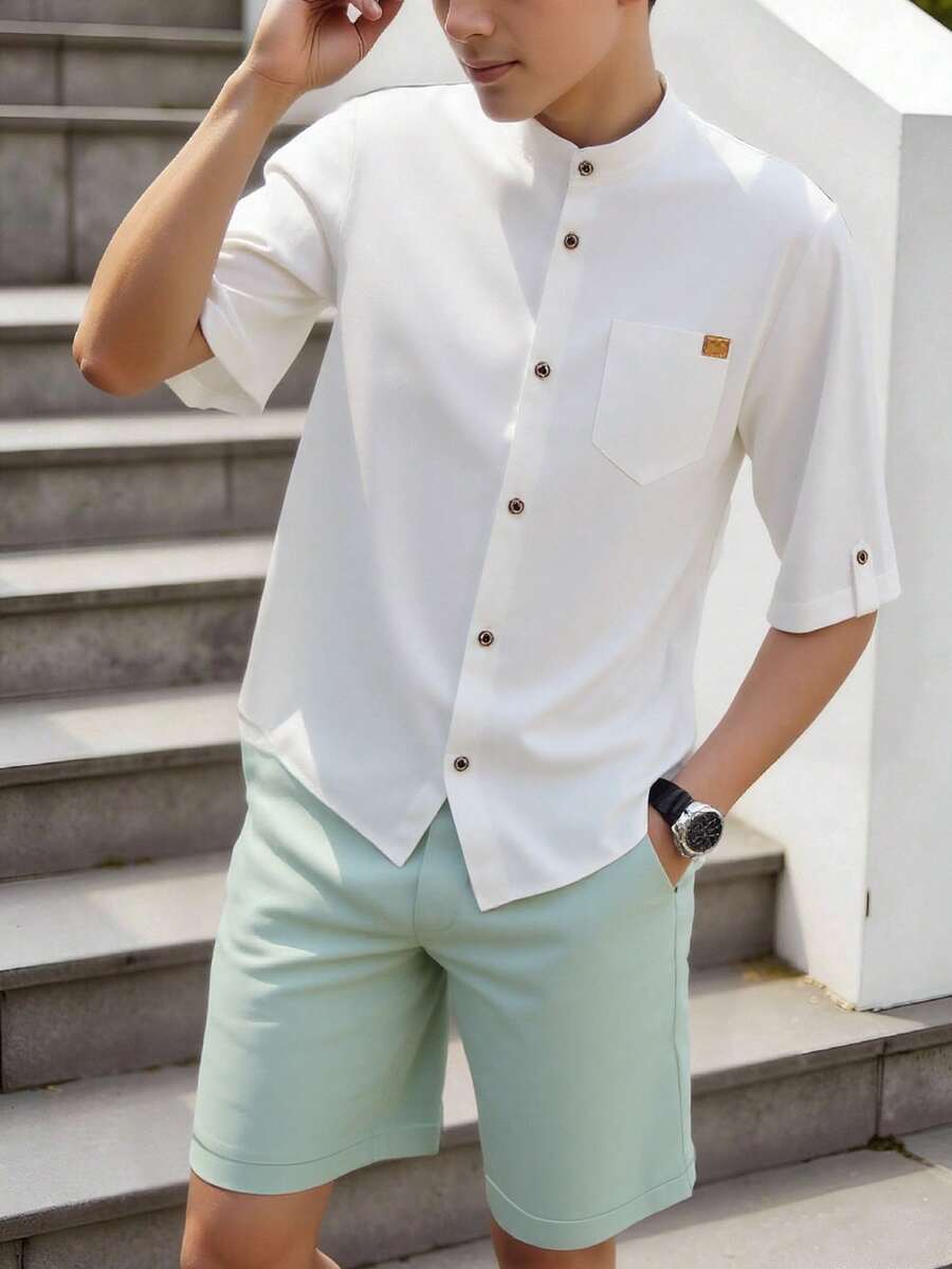 2pcs/Set Teen Boy Gentleman Outfit - White Collared Shirt + Light Green Shorts, Gentleman Suit Set, Business Elegant School Style, Birthday Party, Daily Casual Wear, Minimalist - White - View 1