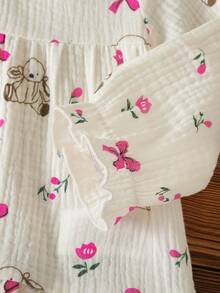 2pcs Baby Girls Long Sleeve Cardigan Top And Pants Homewear Set, Woven Fabric, Cute Rabbit & Bow Pattern - Multicolor - View 4