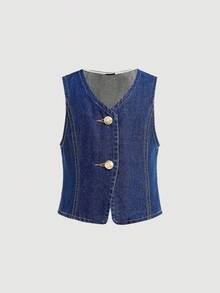 SHEIN Firerie Kids 2件套女童藏蓝色牛仔无袖背心和宽松裤 - 深色水洗藍 - 查看 4