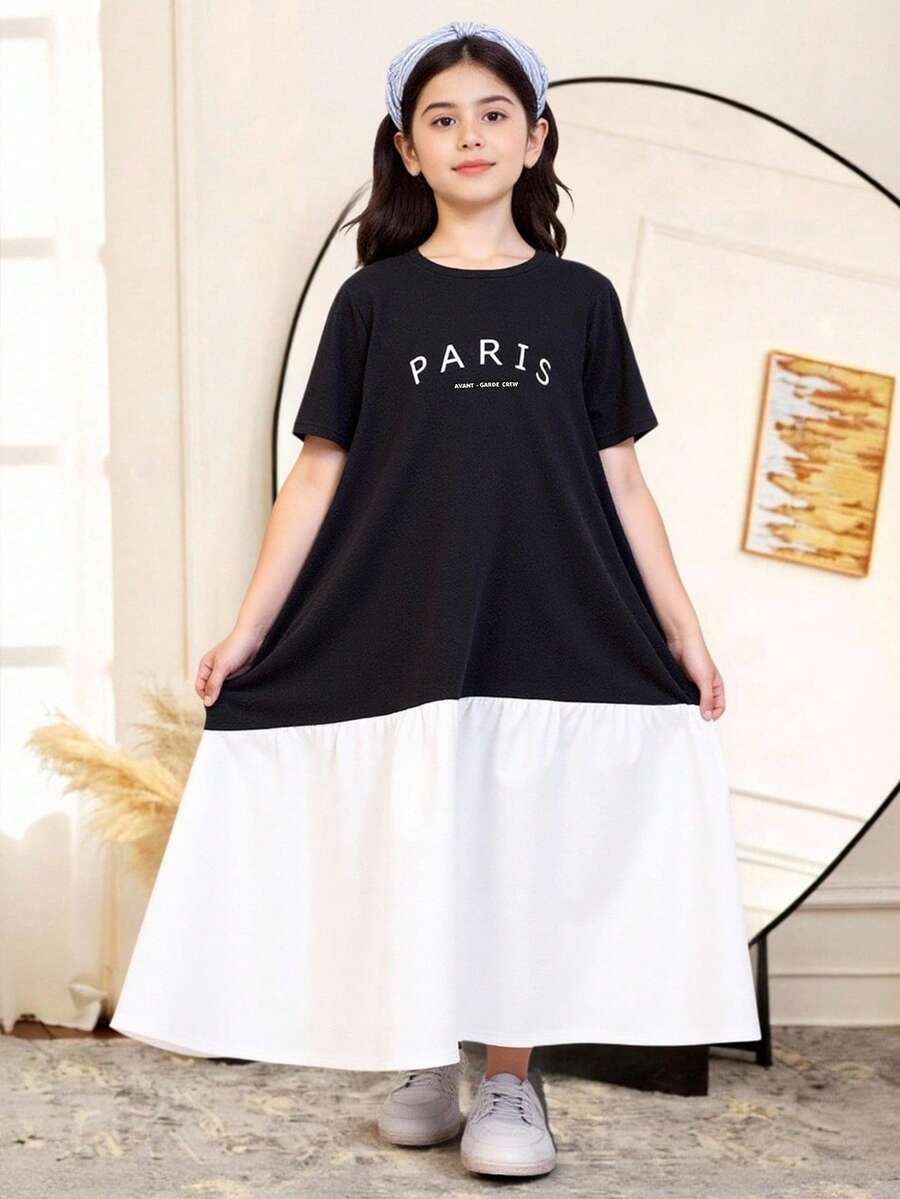 青少年女孩休閒日常黑白字母印花拼接針織長洋裝，Jalabiya 夏季校園極簡阿拉伯風 Abaya 穆斯林長袍