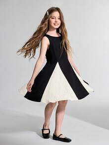 Maija Kids Maija Kids 少女黑色拼接撞色蕾丝无袖优雅连衣裙 - 黑與白 - 查看 1