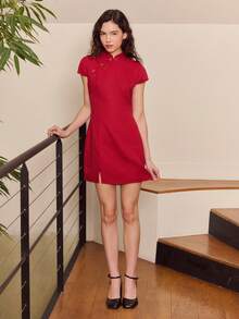 lacRébo 优雅喜庆的红色粗花呢立领迷你连衣裙，圣诞节的理想之选