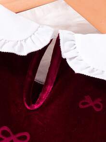 SHEIN Tween Girl' Velvet Dress,Burgundy,Autumn,Elegant,Party Wear With Embroidered Color-Block Collar Applique,Fashionable Holiday Autumn/Winter Clothing - Red - View 9