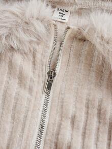 SHEIN Girlism Teen Girls Apricot Off Shoulder Fuzzy Trim Crop Jacket,Suitable For Autumn And Winter, Elegant And Sweet, Spring Festival Ribbed Knit Cardigan Faux Fur Off-Shoulder Cardigan Rib-Knit Cardigan