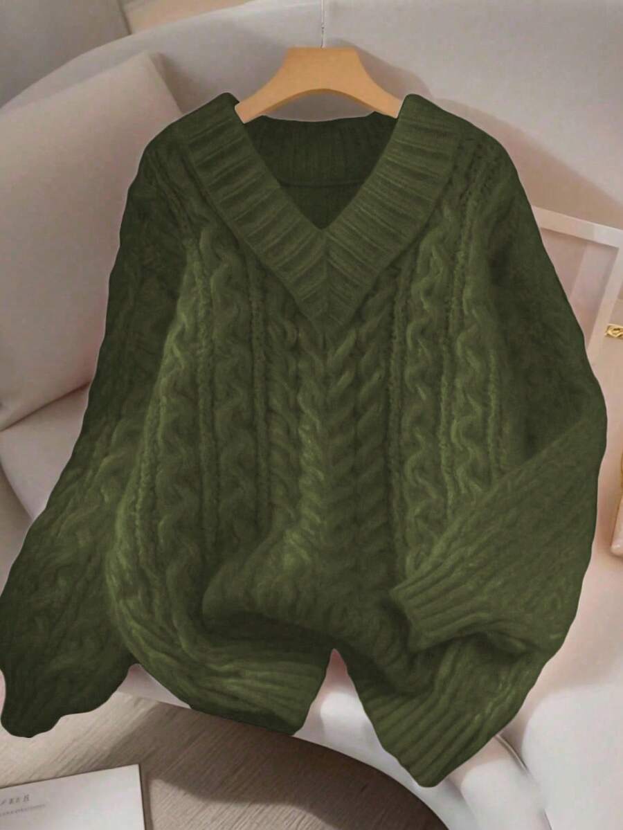 GlowEve CURVE Áo len nữ cỡ lớn, màu trơn, kiểu dáng rộng rãi, tay dài, chất liệu dệt kim, thanh lịch, thích hợp mặc ngoài, mùa thu/đông. - xanh quân đội - Xem 1