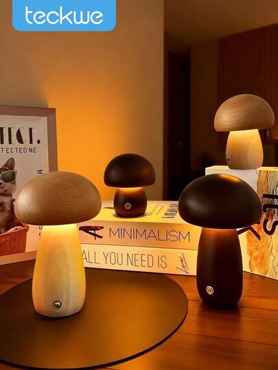 Teckwe Wooden Mushroom Lamp, Portable Cordless Touch Switch Lamp, Bedside Lamp, Walnut/Beechwood Warm Color Dimmable Table Lamp, Stepless Dimming Night Light For Birthday Gifts